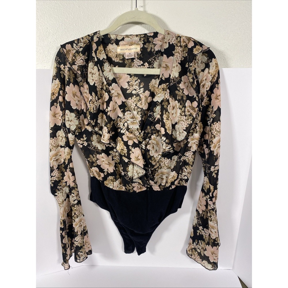 Band of Gypsies Black Floral Wrap-Front Long Sleeve Bodysuit